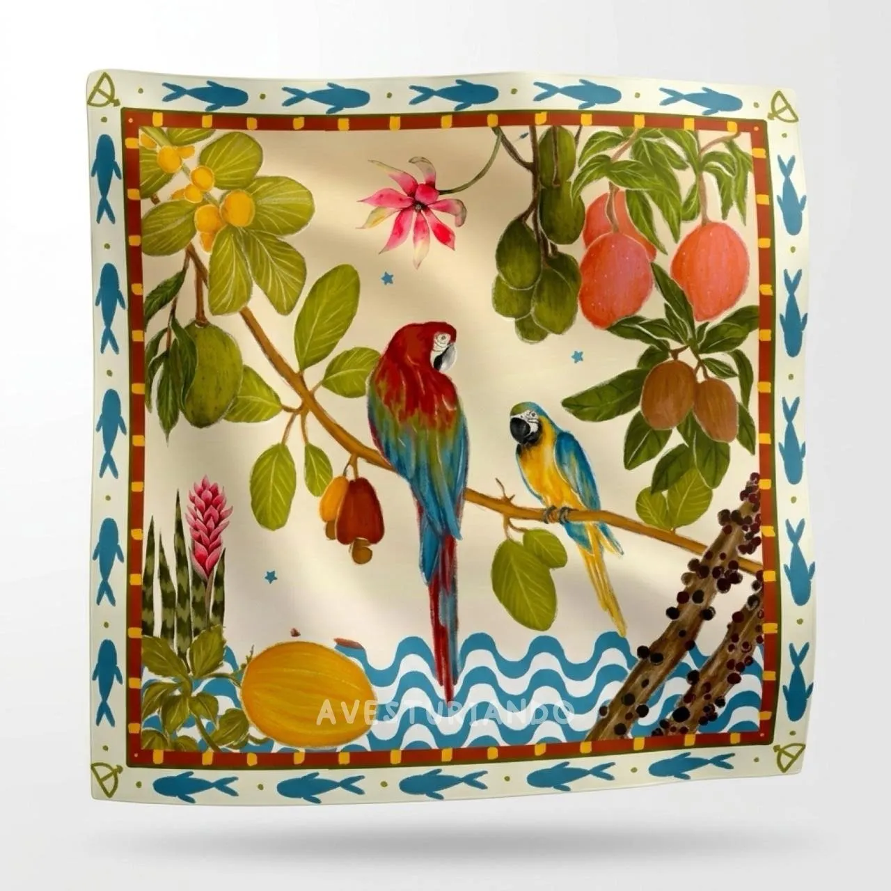 Pañoleta Selva con guacamayas y frutas tropicales
